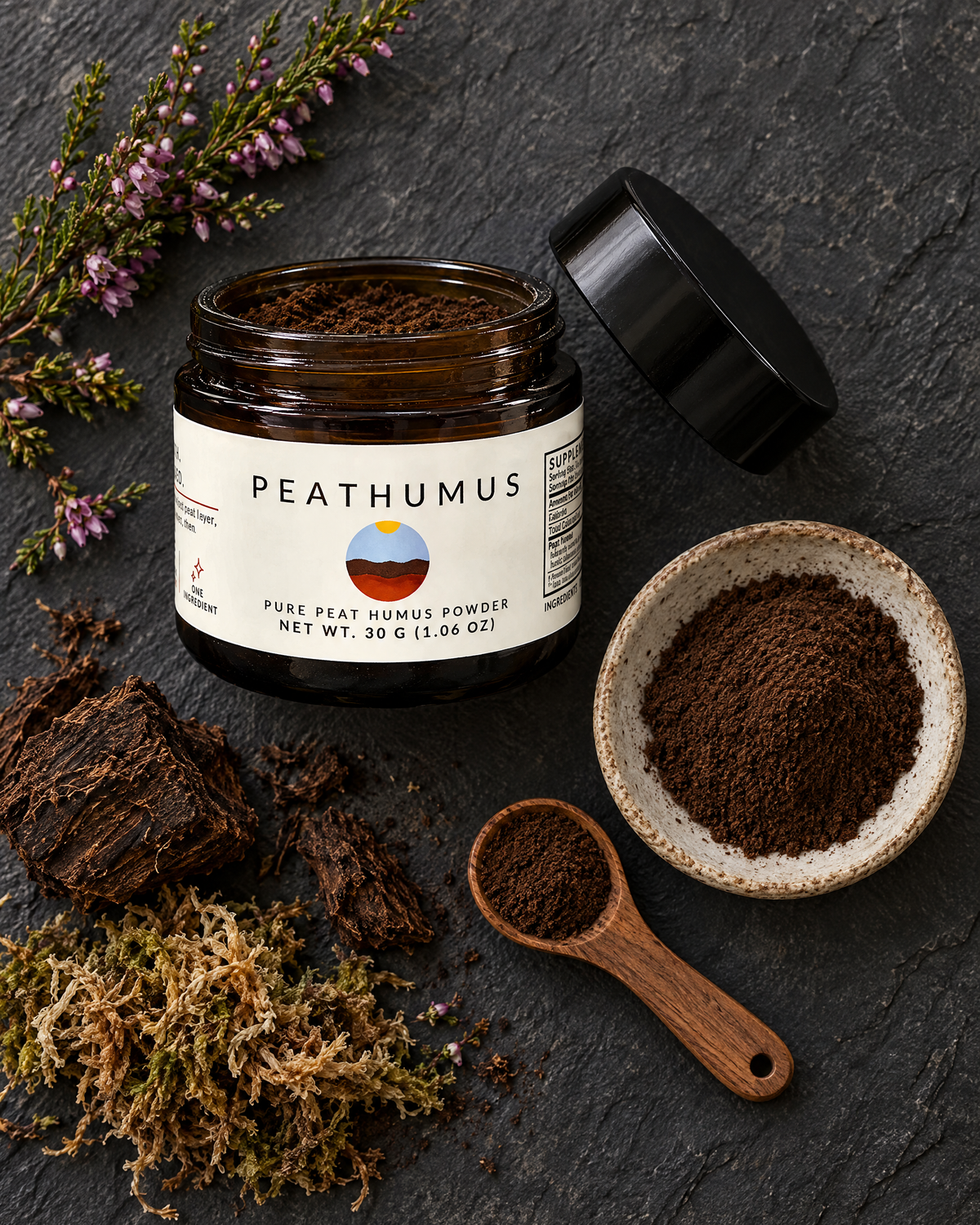 Open jar of fine dark peat humus powder